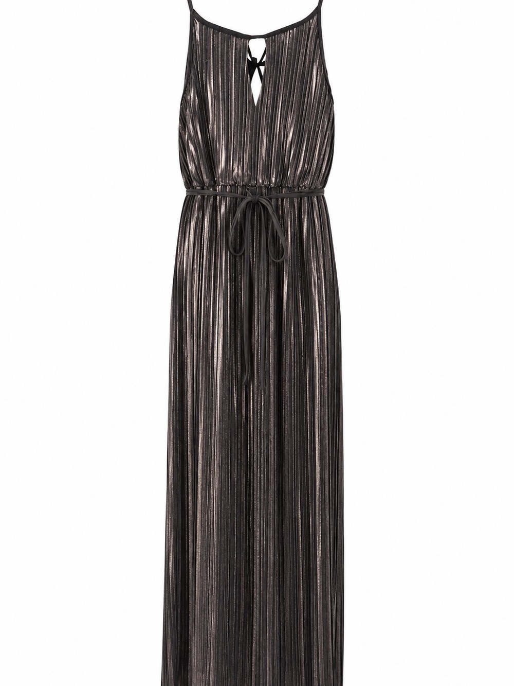 Metallic Gunmetal Pleated Maxi Dress with Tie Waist - Women's